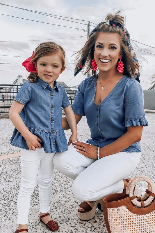 Denim Blue Ruffle Short Sleeve Shirt Mommy & Me Outfit