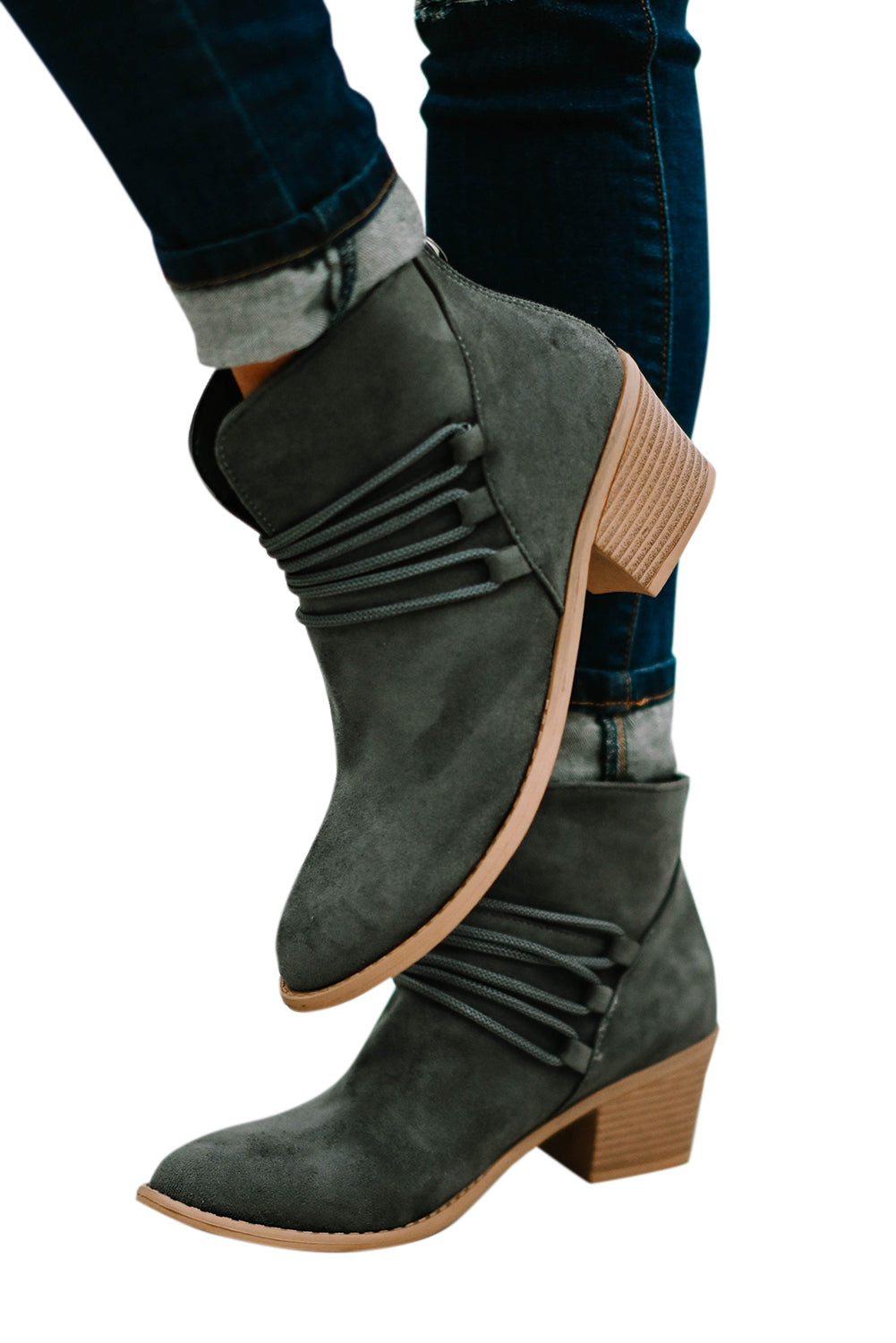 Grey Braided Straps Detail Zipped Boots