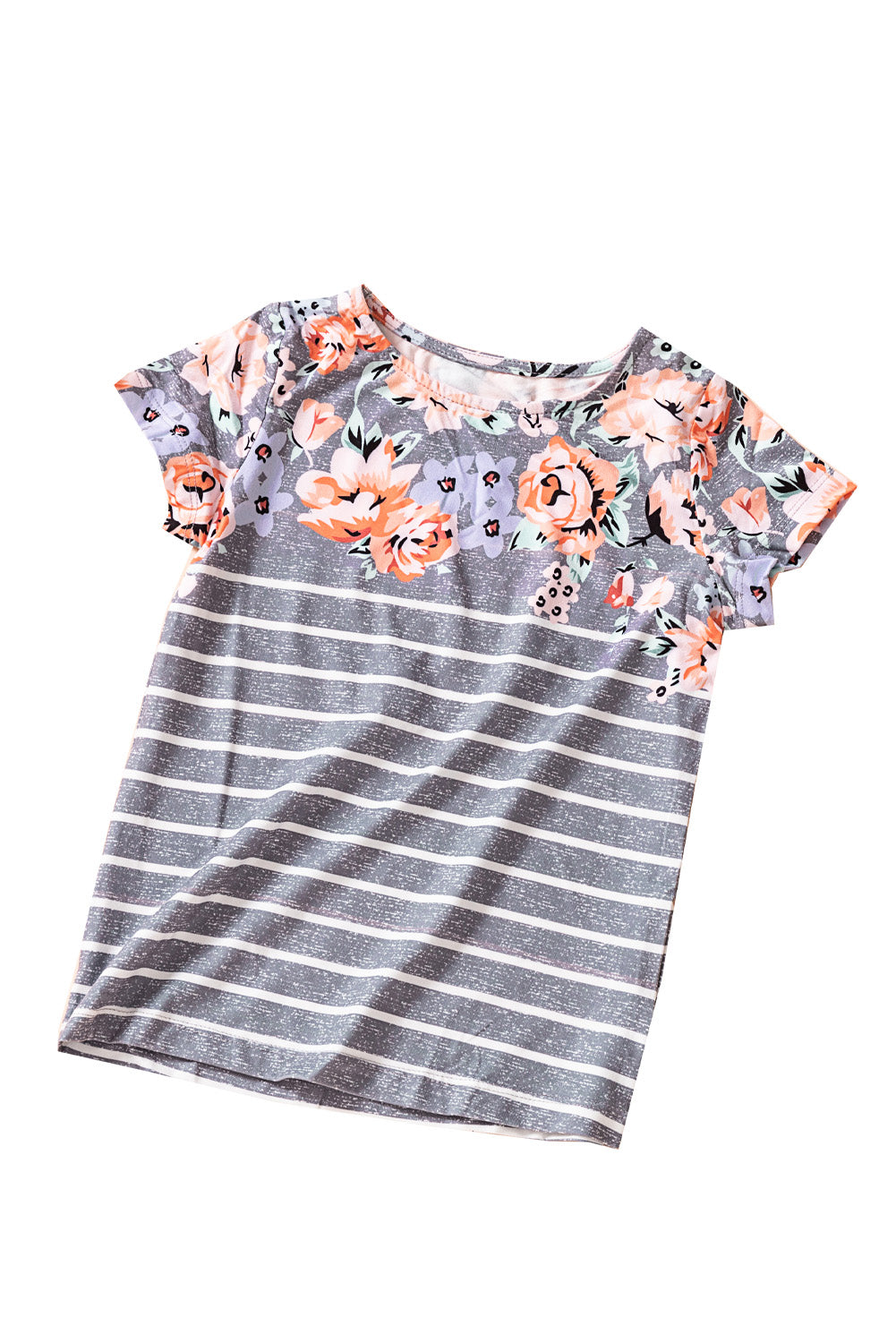 Casual Floral Striped Print Round Neck Tee For Kids