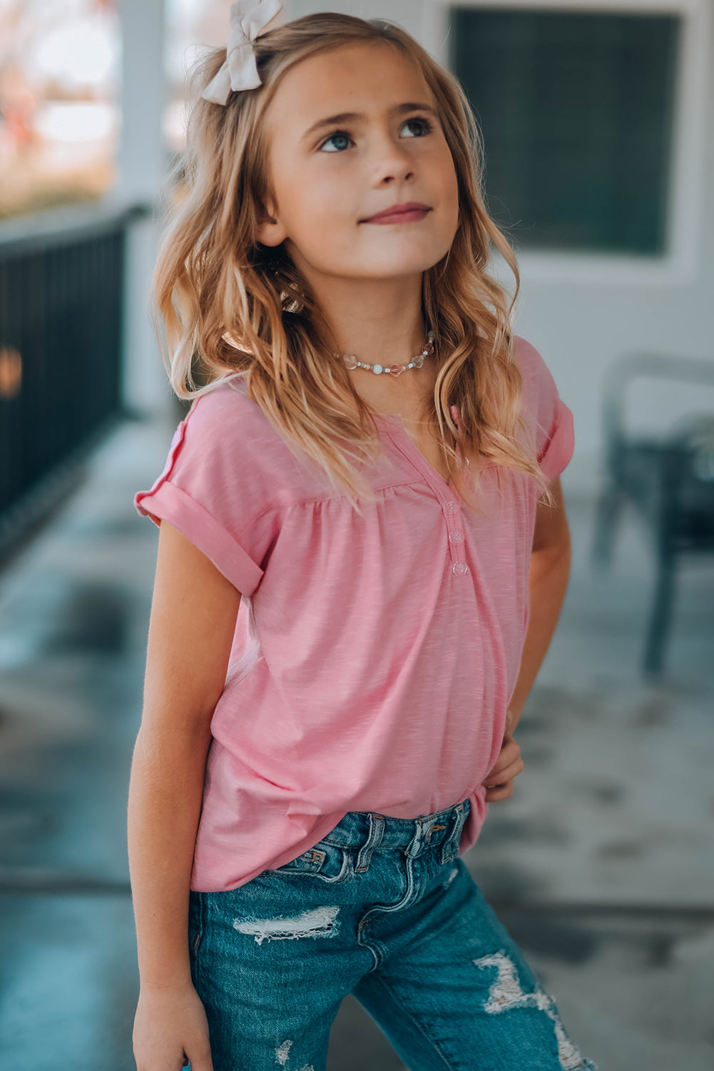 Roll Up Buttons Short Sleeve Top For Kids