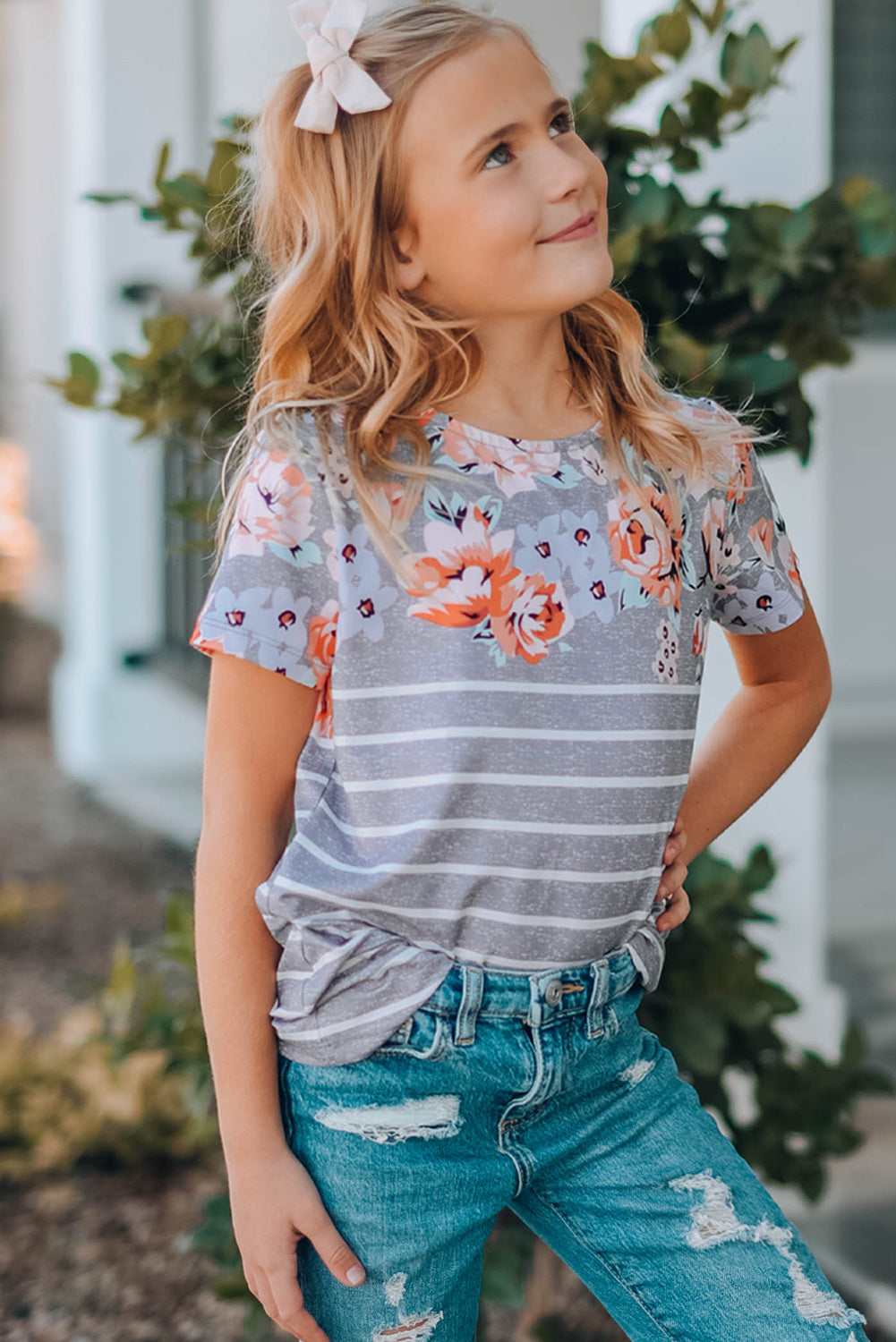 Casual Floral Striped Print Round Neck Tee For Kids