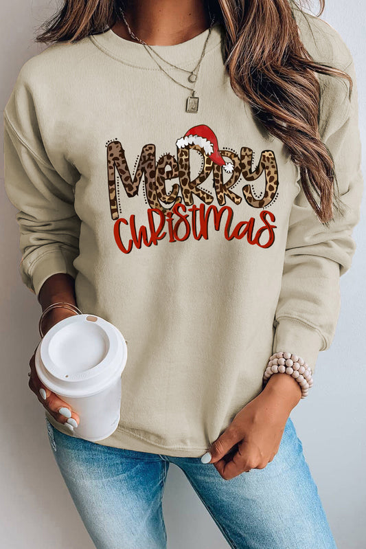 Khaki Merry Christmas Leopard Letter Print Graphic Sweatshirt