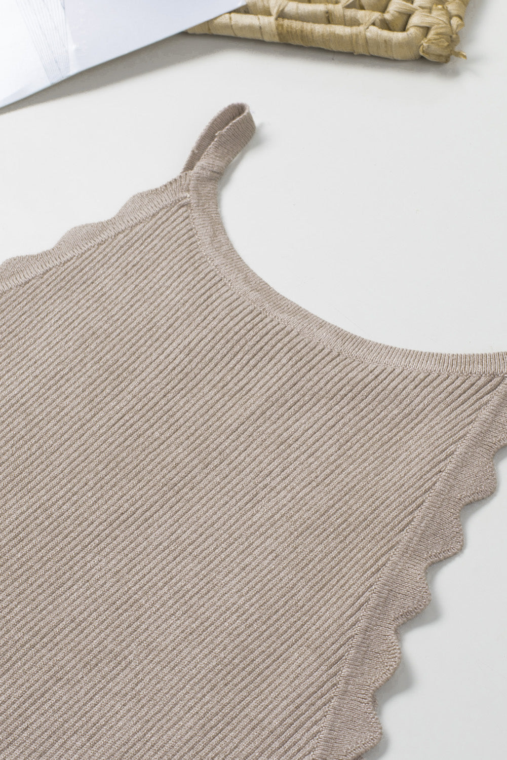 Khaki Casual Scalloped Edge Rib Knit Sleeveless Tank Top