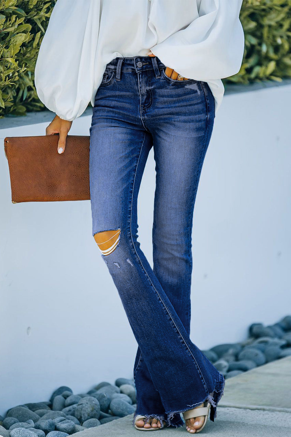 Light Blue Distressed High Rise Flare Jeans