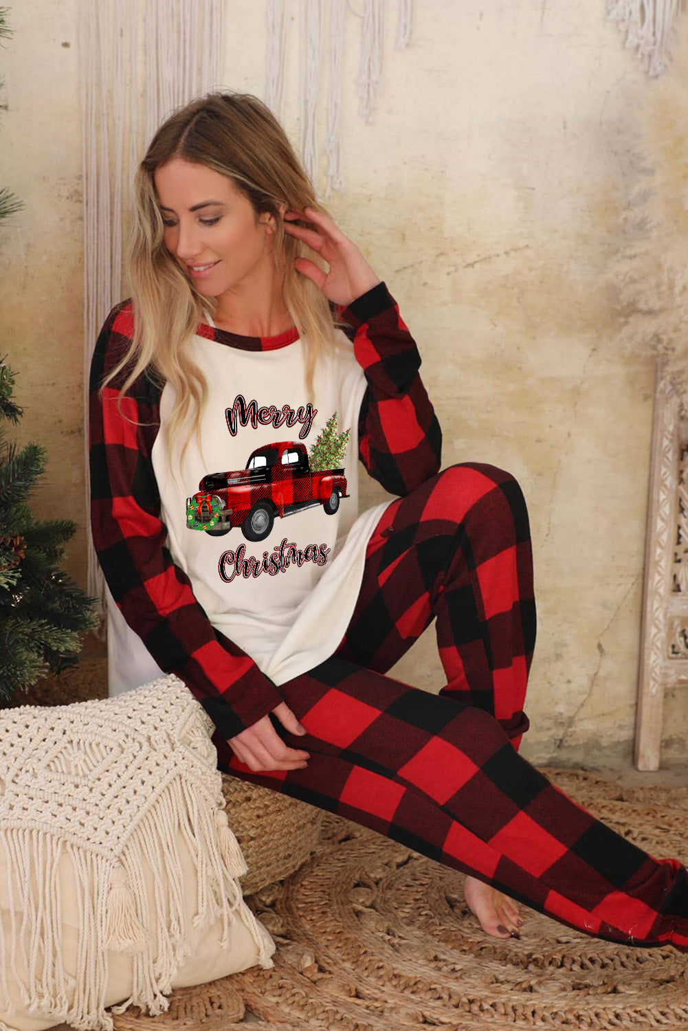 Christmas Plaid Raglan Sleeve Top & Drawstring Pants Pajamas Set