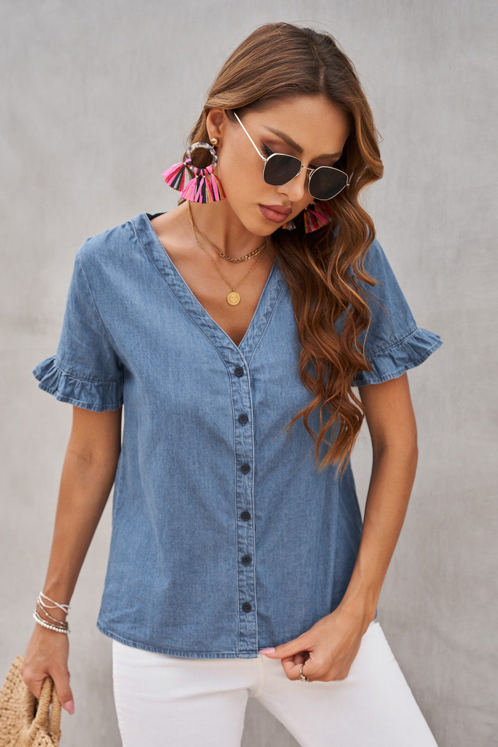 Denim Blue Ruffle Short Sleeve Shirt Mommy & Me Outfit