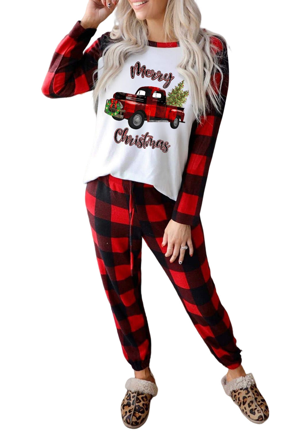 Christmas Plaid Raglan Sleeve Top & Drawstring Pants Pajamas Set