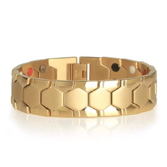 Wide Health Magnet Bracelet Indian Men Jewelry Gold Color Polished Stainless Steel Mens Bracelets Man Bracelet