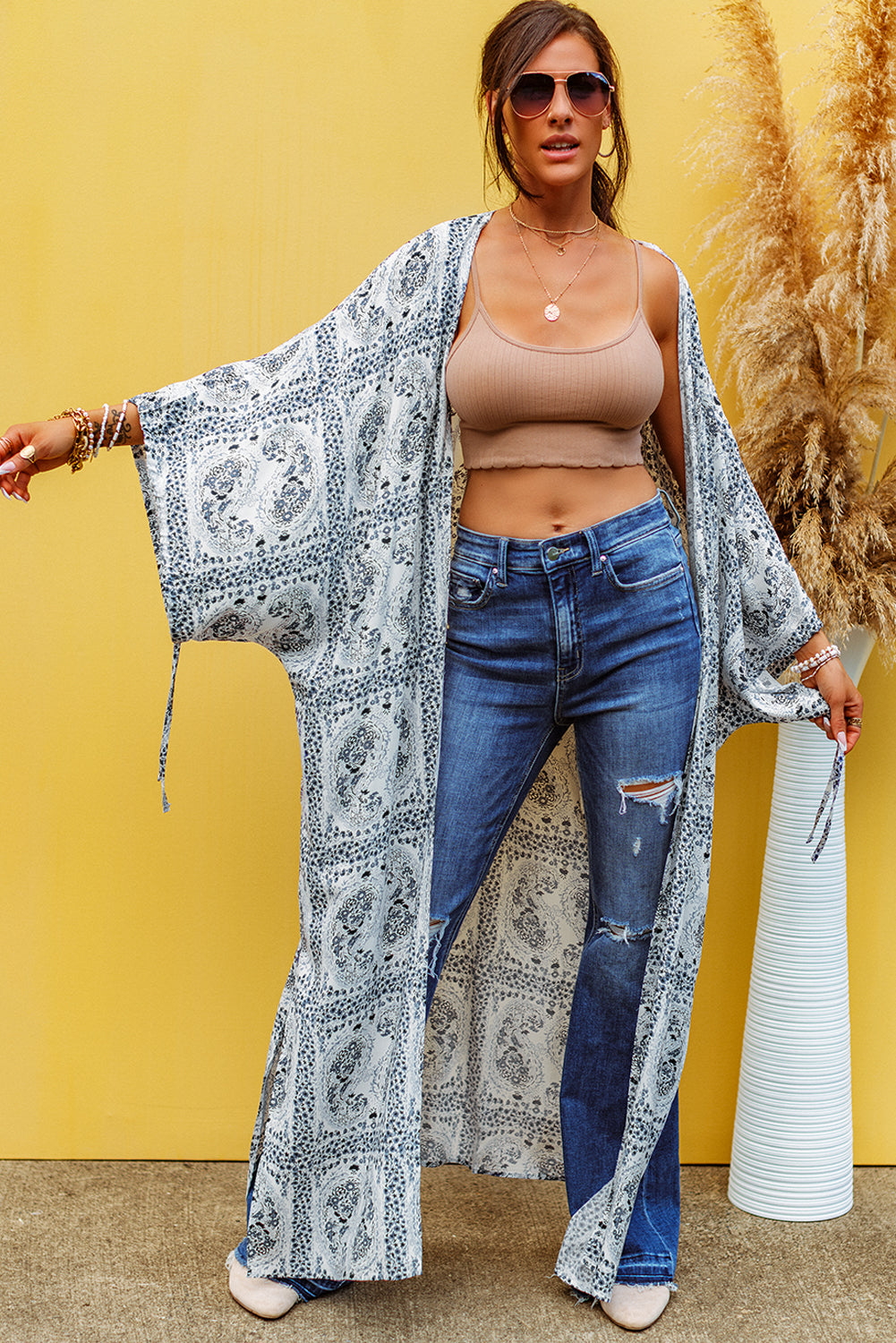 Dolman Sleeves Printed Kimono Beach Cover Up