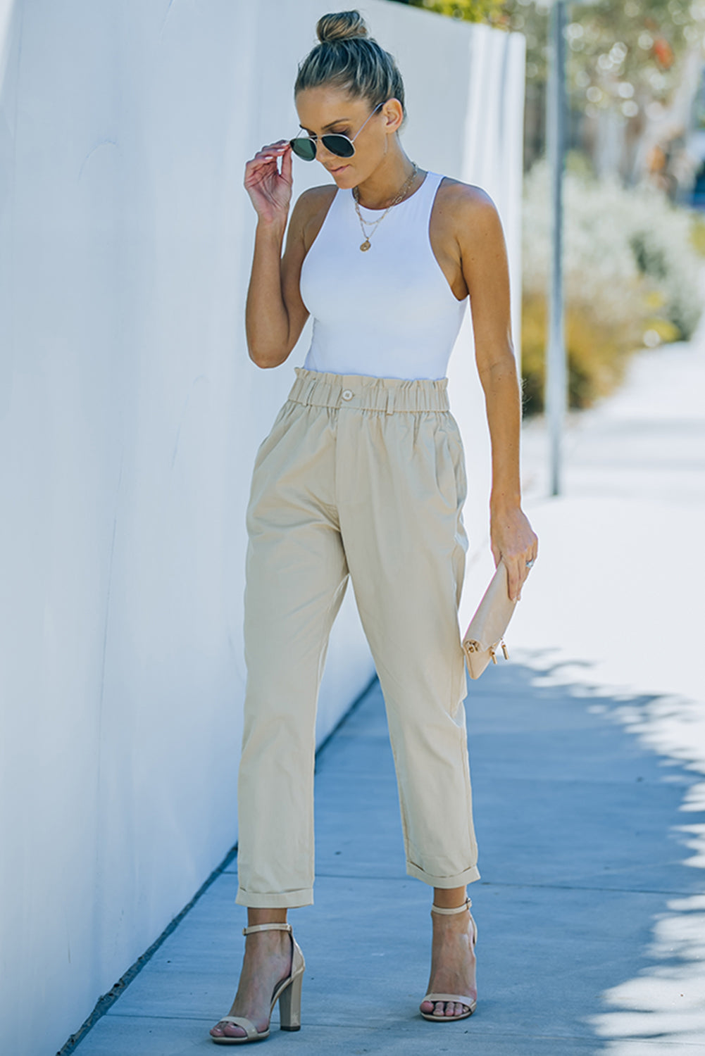 Beige Casual Frill Paper Bag Pocket High Rise Pants