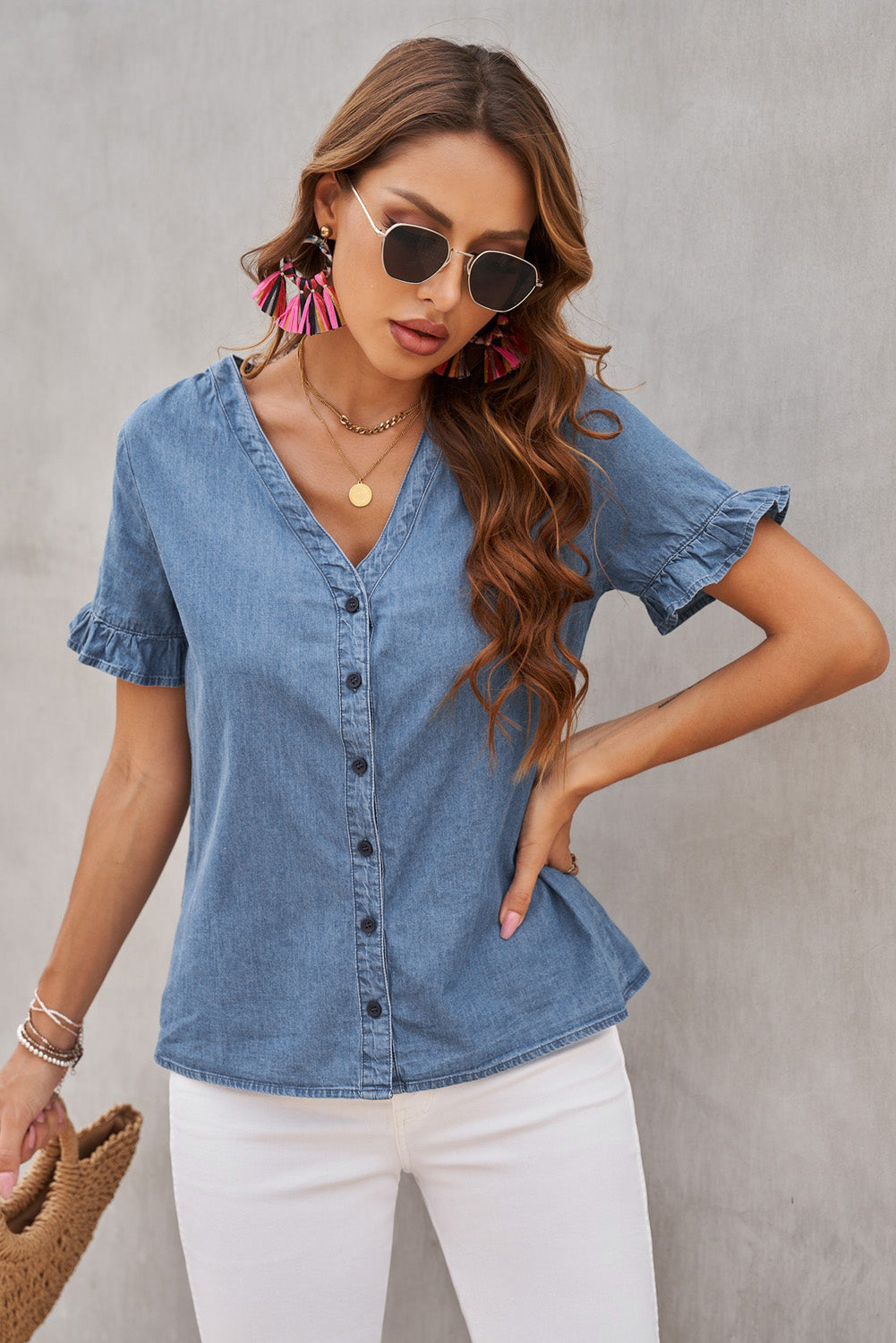 Denim Blue Ruffle Short Sleeve Shirt Mommy & Me Outfit