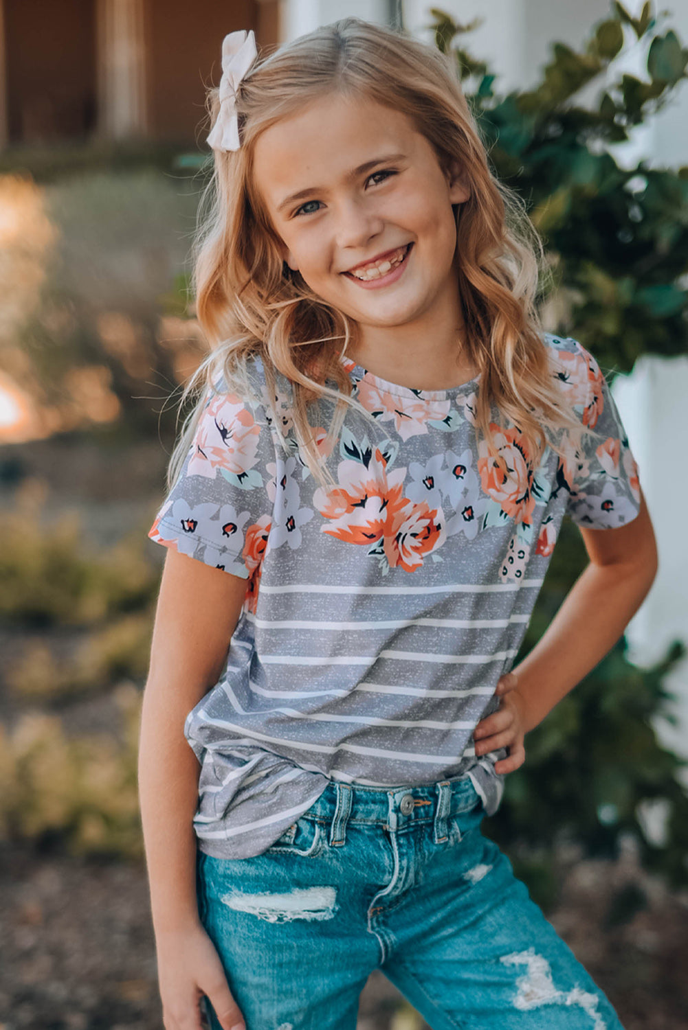 Casual Floral Striped Print Round Neck Tee For Kids