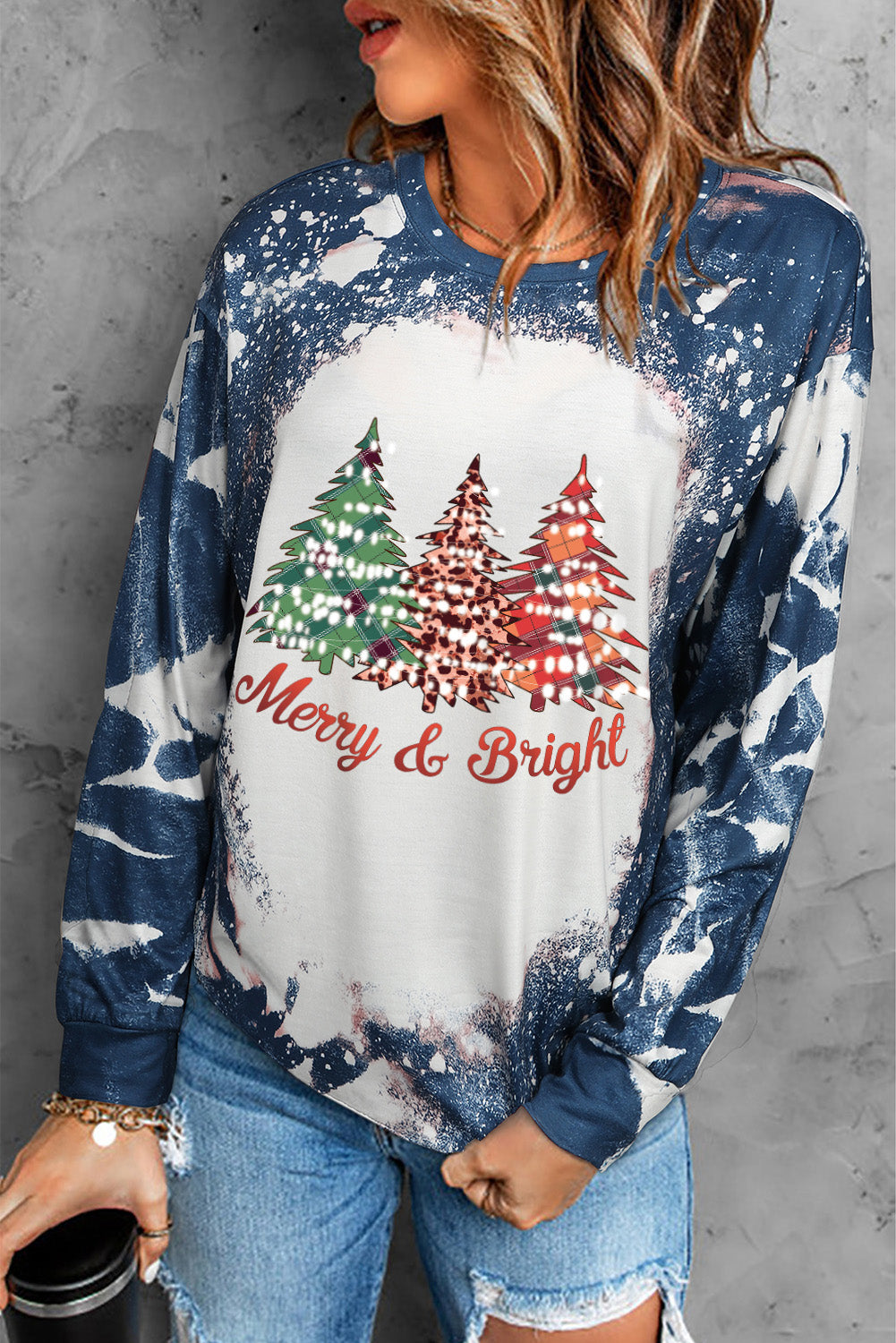 Multicolor Christmas Tree Tie Dye Graphic Long Sleeve Top