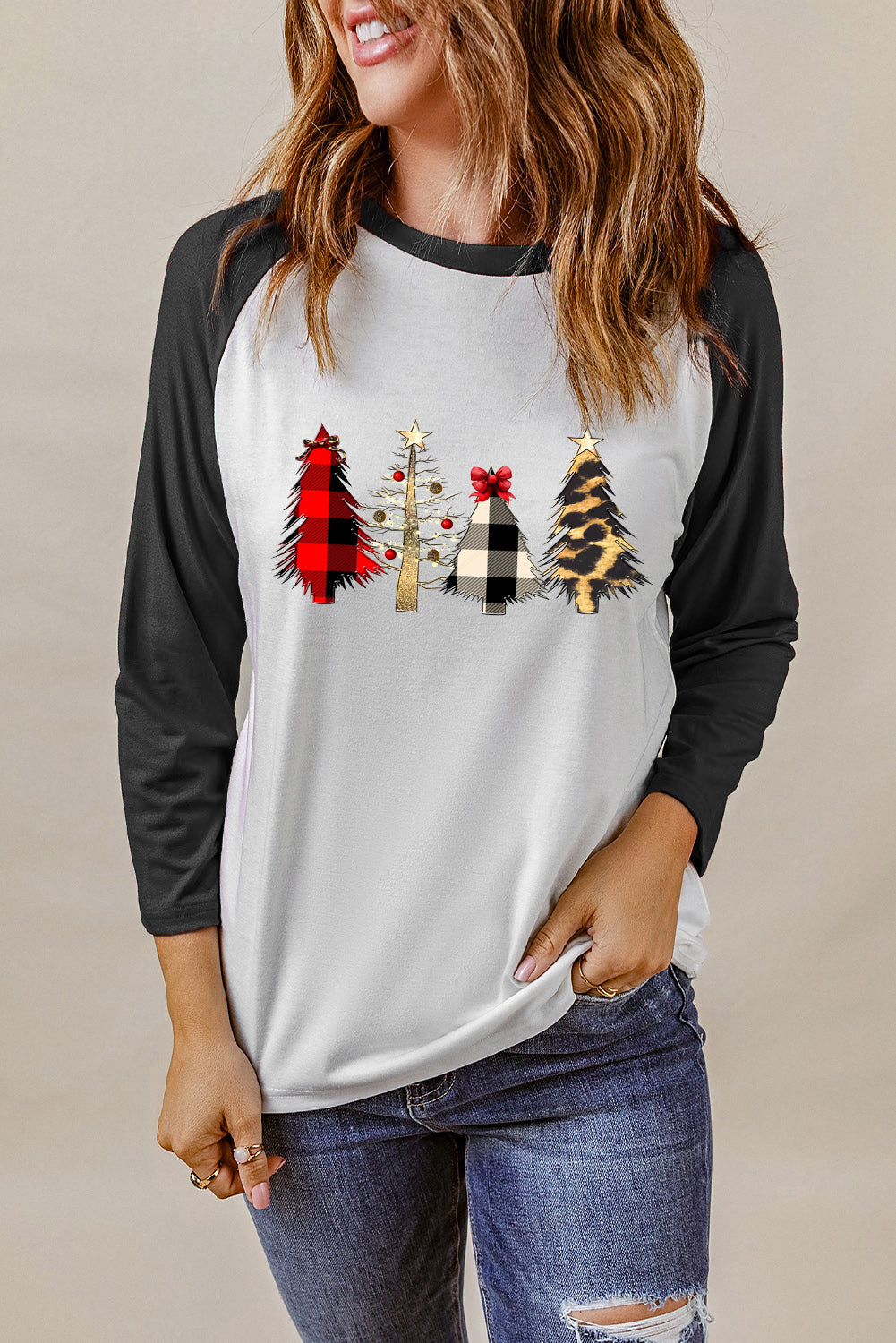 and White Color Block Long Sleeve Christmas T Shirt