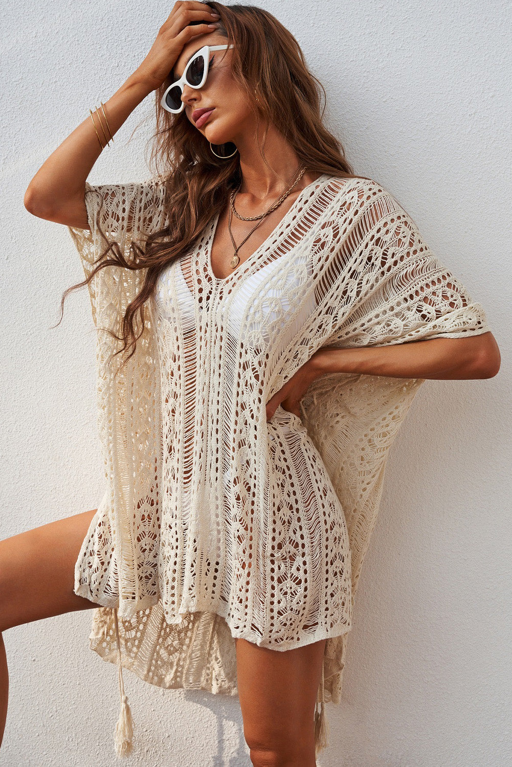 Knitted Tassel Tie Crochet Cover Up