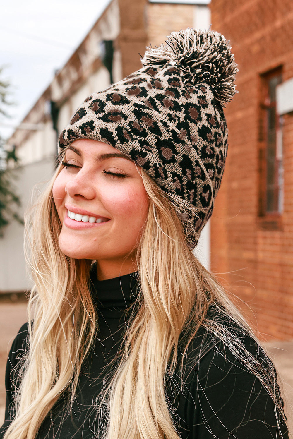 Leopard Pom Pom Casual Winter Knit Hat