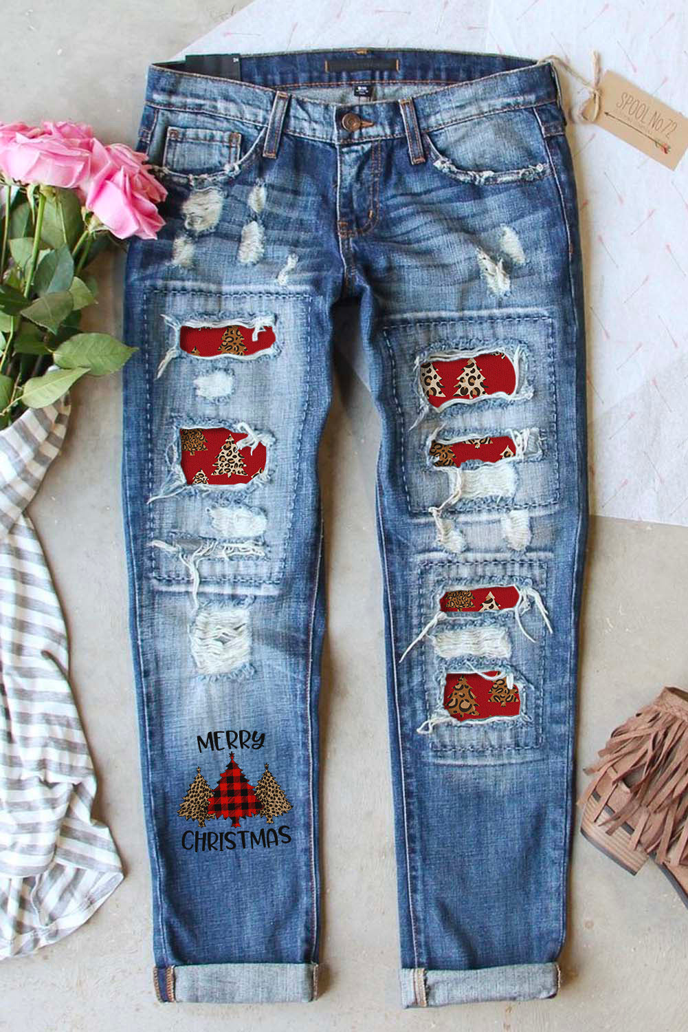 Ripped Plaid Straight Legs Jeans