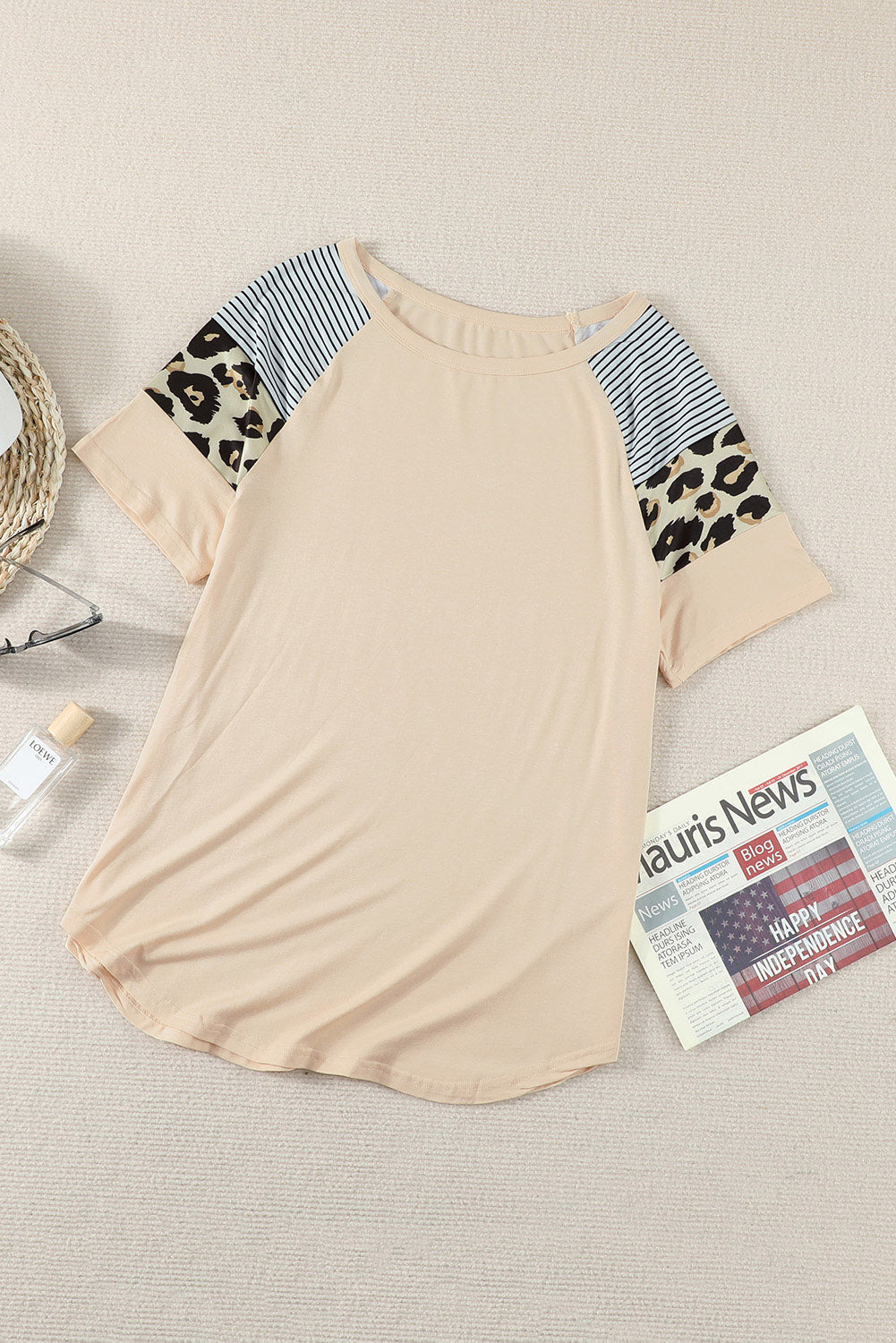 Khaki Striped Leopard Print Short Sleeve Women T-shirt