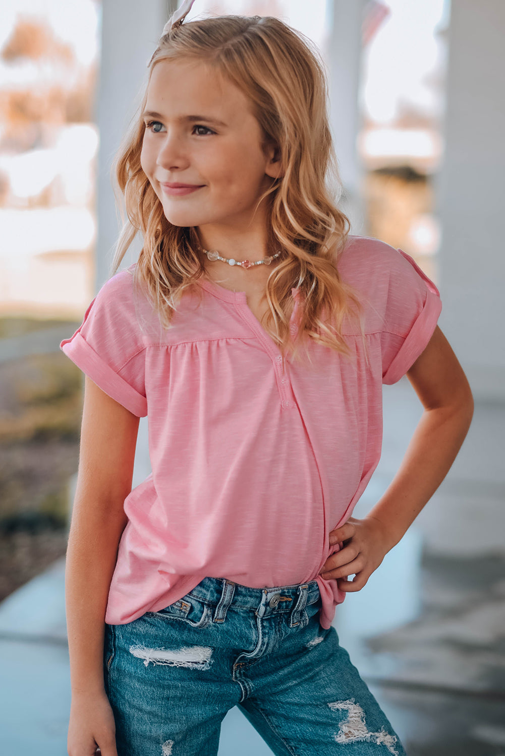 Roll Up Buttons Short Sleeve Top For Kids