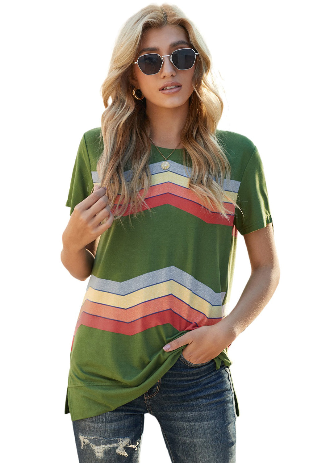 Colorful Wavy Stripes Print Short Sleeve Tee