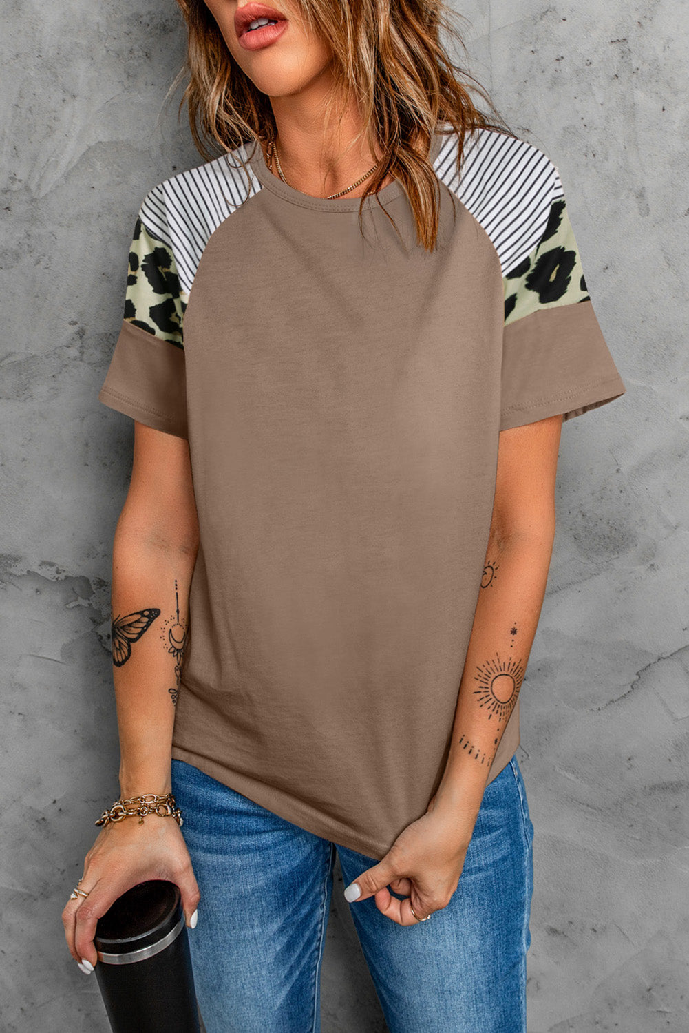 Khaki Striped Leopard Print Short Sleeve Women T-shirt