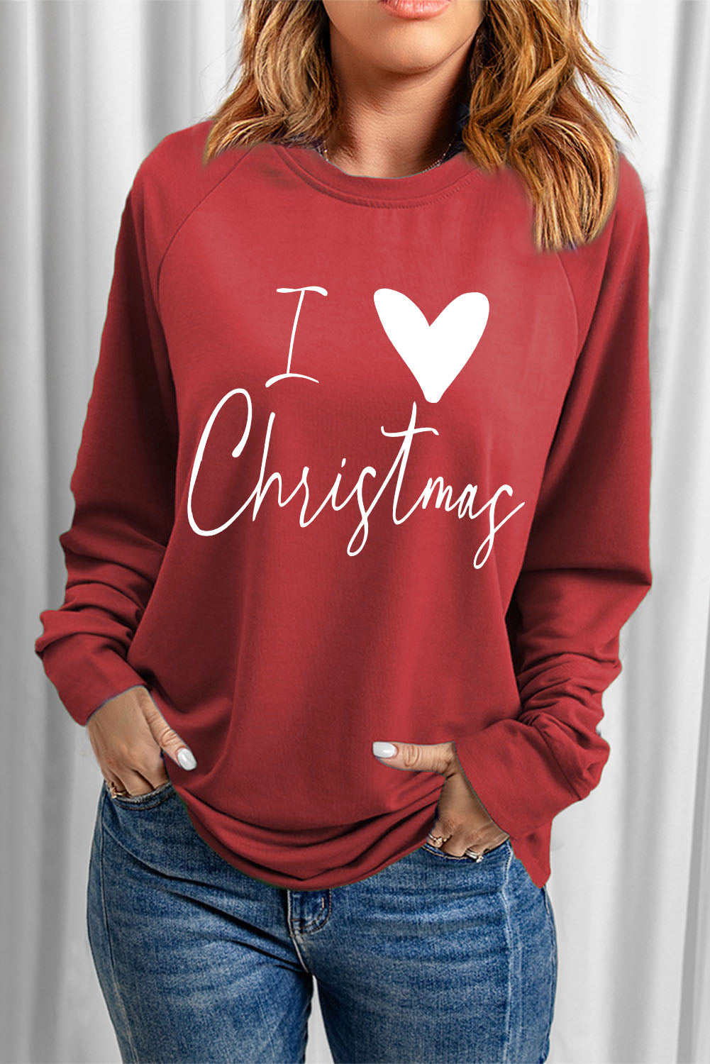 I Love Christmas Casual Raglan Sleeve Red Graphic Sweatshirt