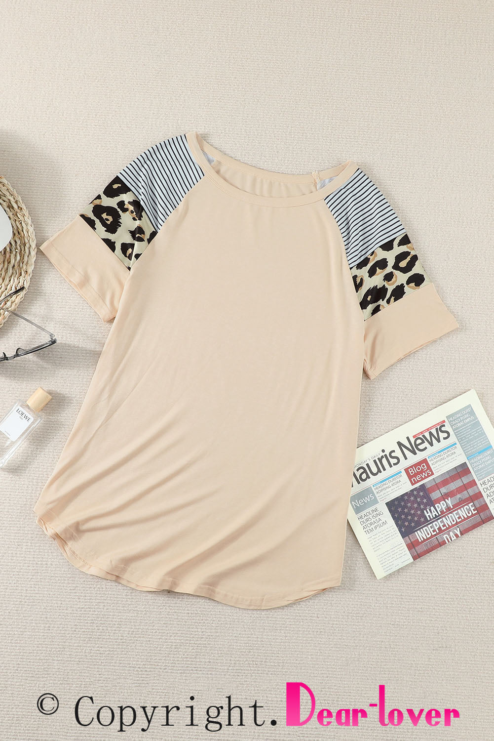 Khaki Striped Leopard Print Short Sleeve Women T-shirt