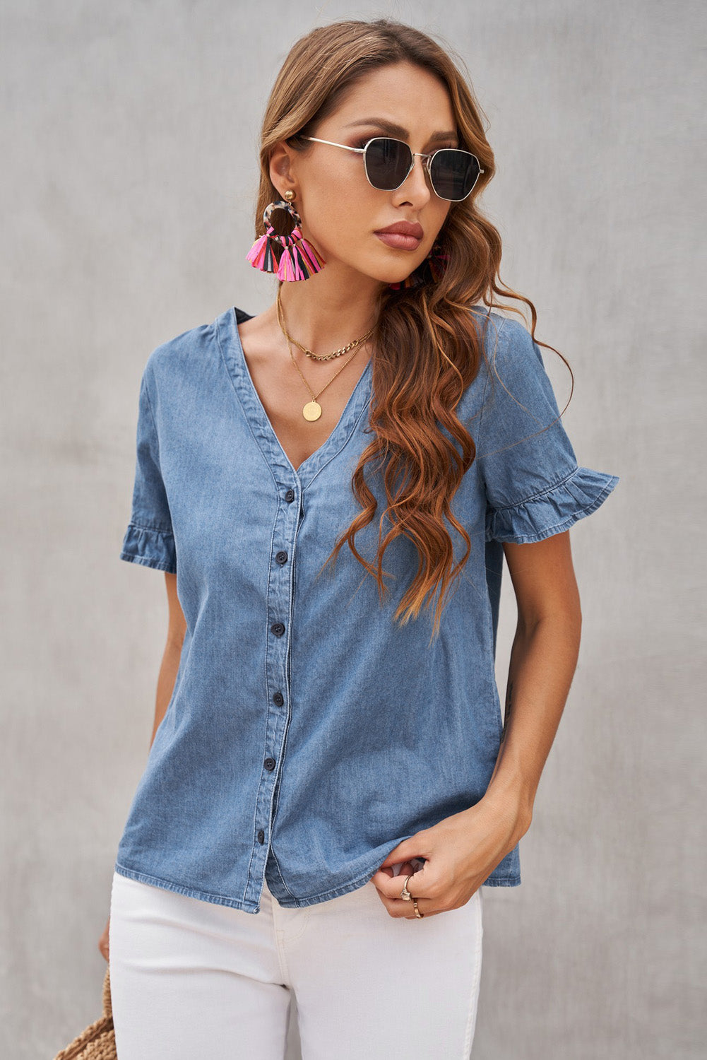 Denim Blue Ruffle Short Sleeve Shirt Mommy & Me Outfit