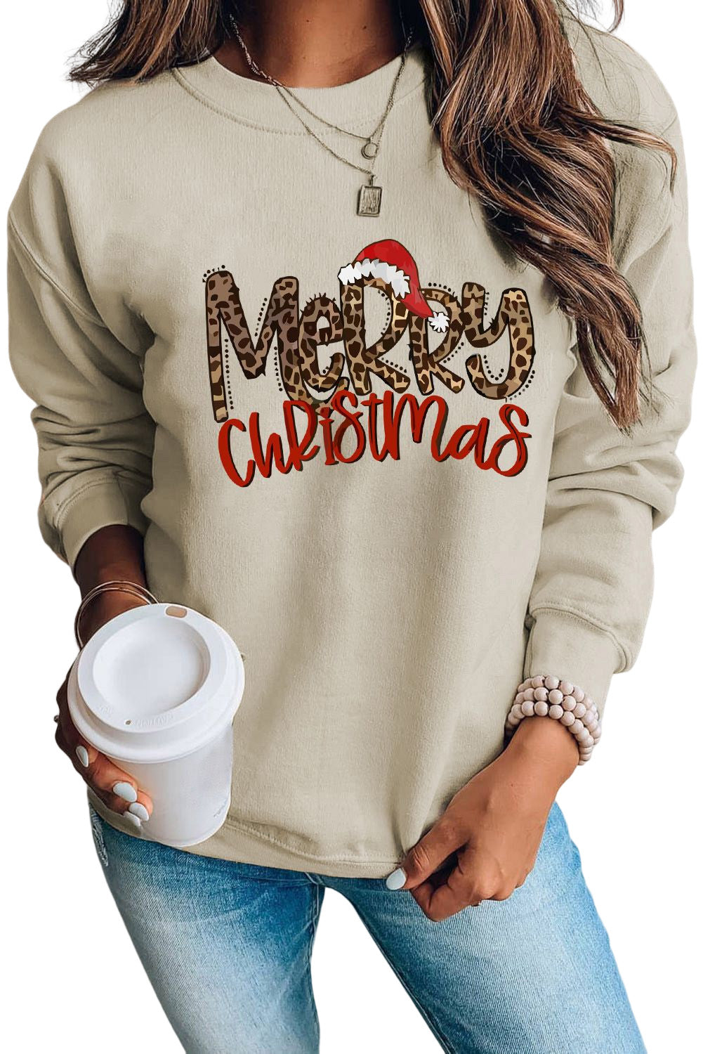 Khaki Merry Christmas Leopard Letter Print Graphic Sweatshirt