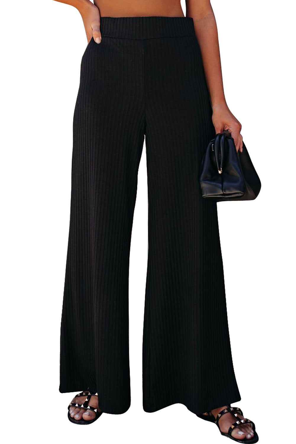 Casual Ribbed Knit High Rise Wide Leg Pants