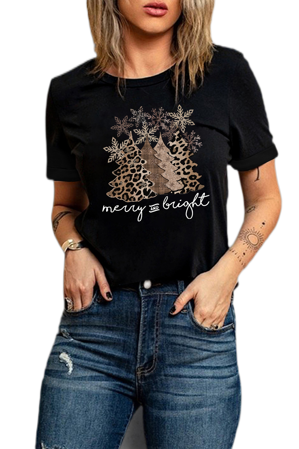 Leopard Christmas Tree Crew Neck Graphic T Shirt