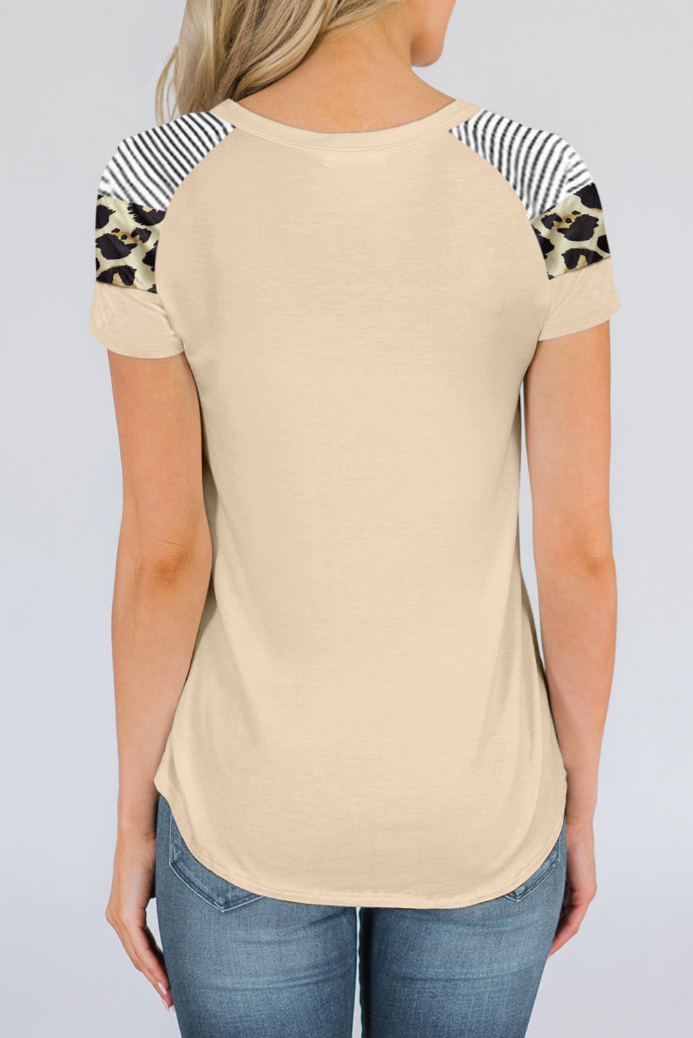 Khaki Striped Leopard Print Short Sleeve Women T-shirt