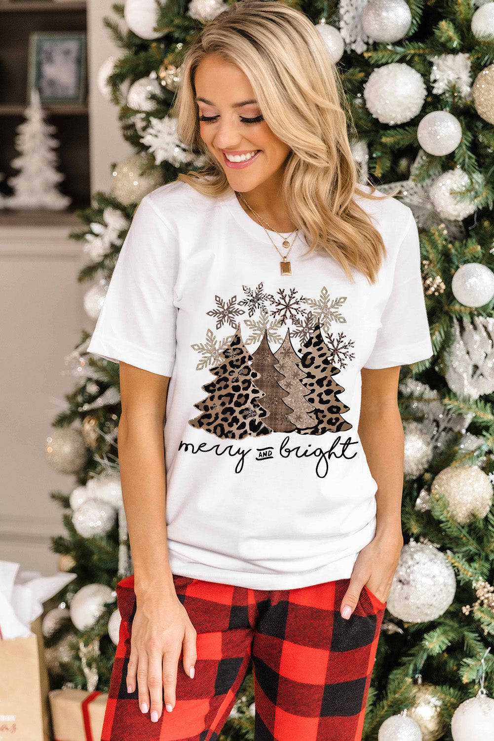 Leopard Christmas Tree Crew Neck Graphic T Shirt