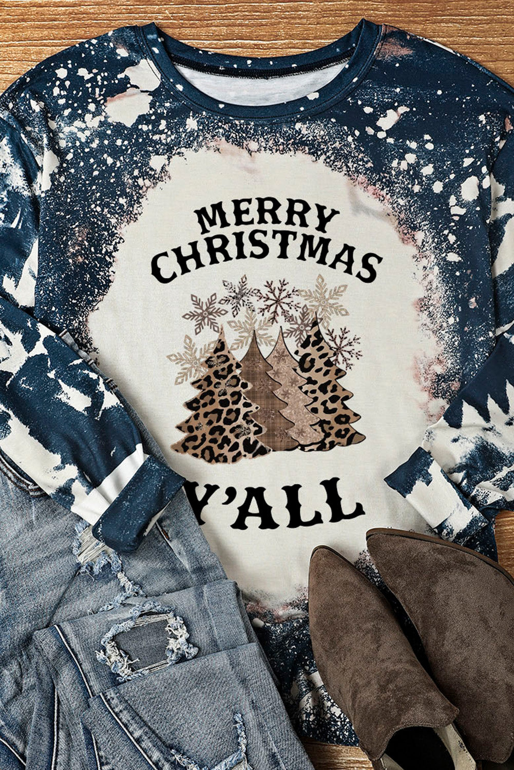 Multicolor Christmas Tree Tie Dye Graphic Long Sleeve Top