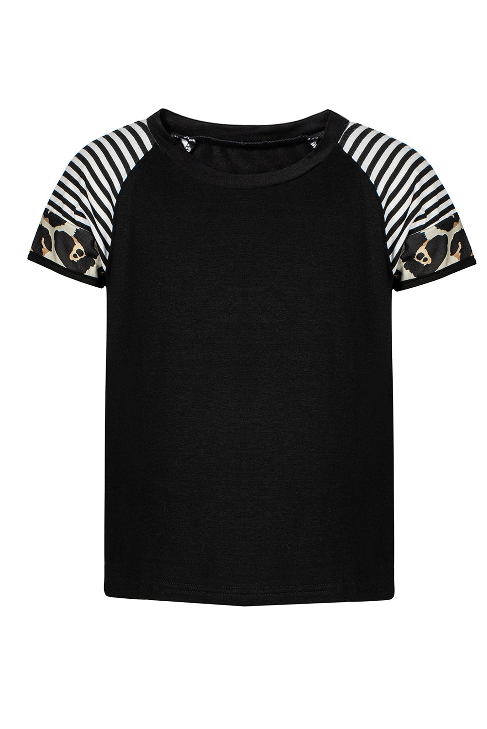 Khaki Striped Leopard Print Short Sleeve Women T-shirt