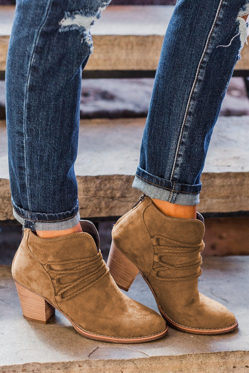 Grey Braided Straps Detail Zipped Boots