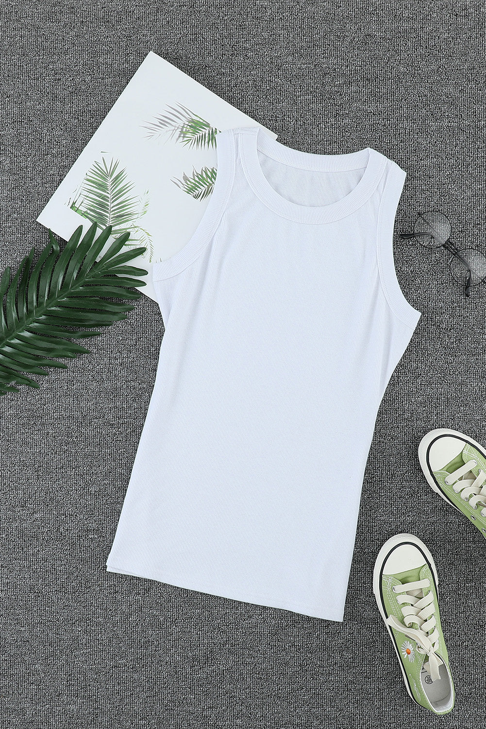 Plain White Slim Fit Crew Neck Ribbed Tank Top