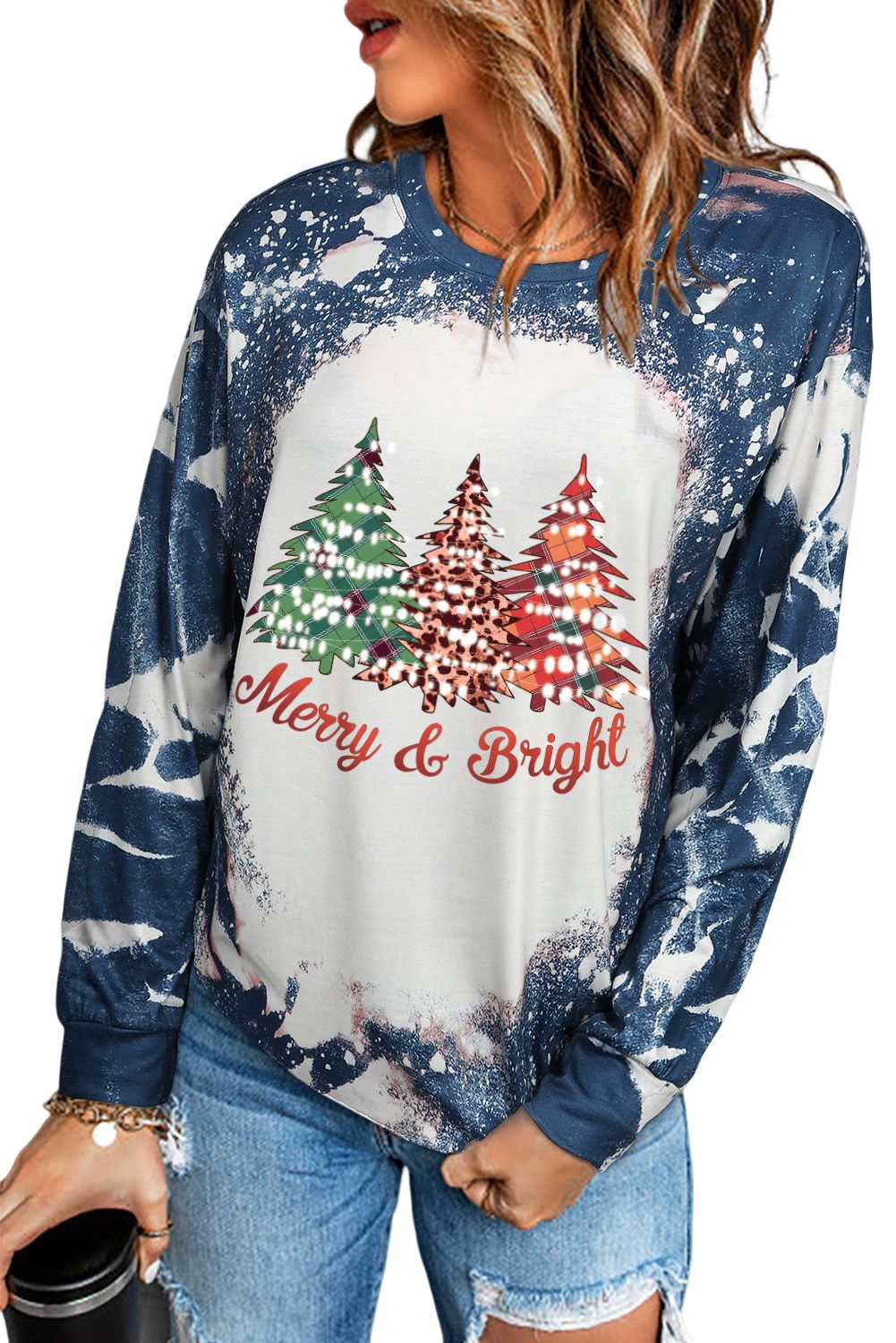 Multicolor Christmas Tree Tie Dye Graphic Long Sleeve Top