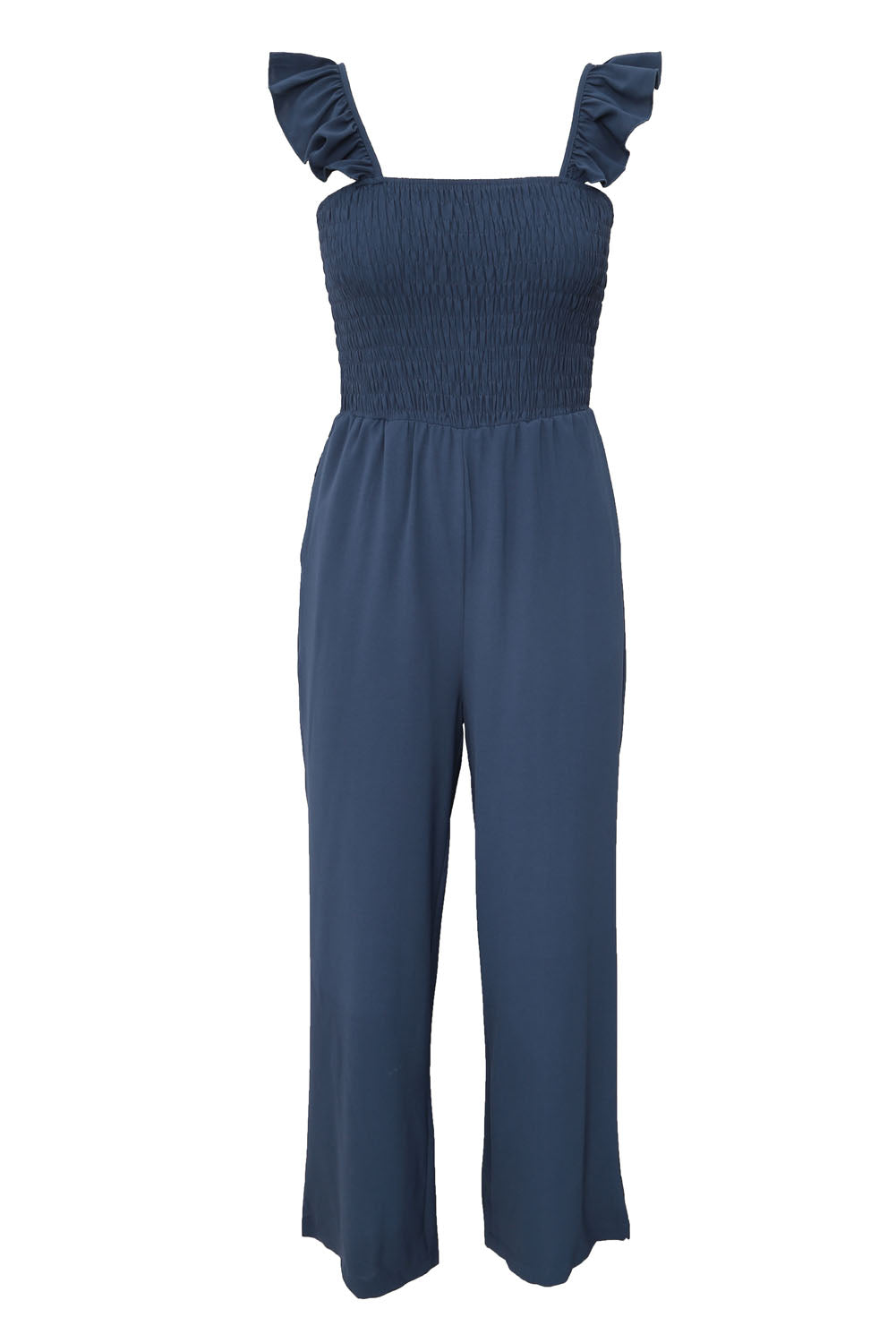 Smocked Ruffle Strap Pocket Wide Leg Jumpsuit