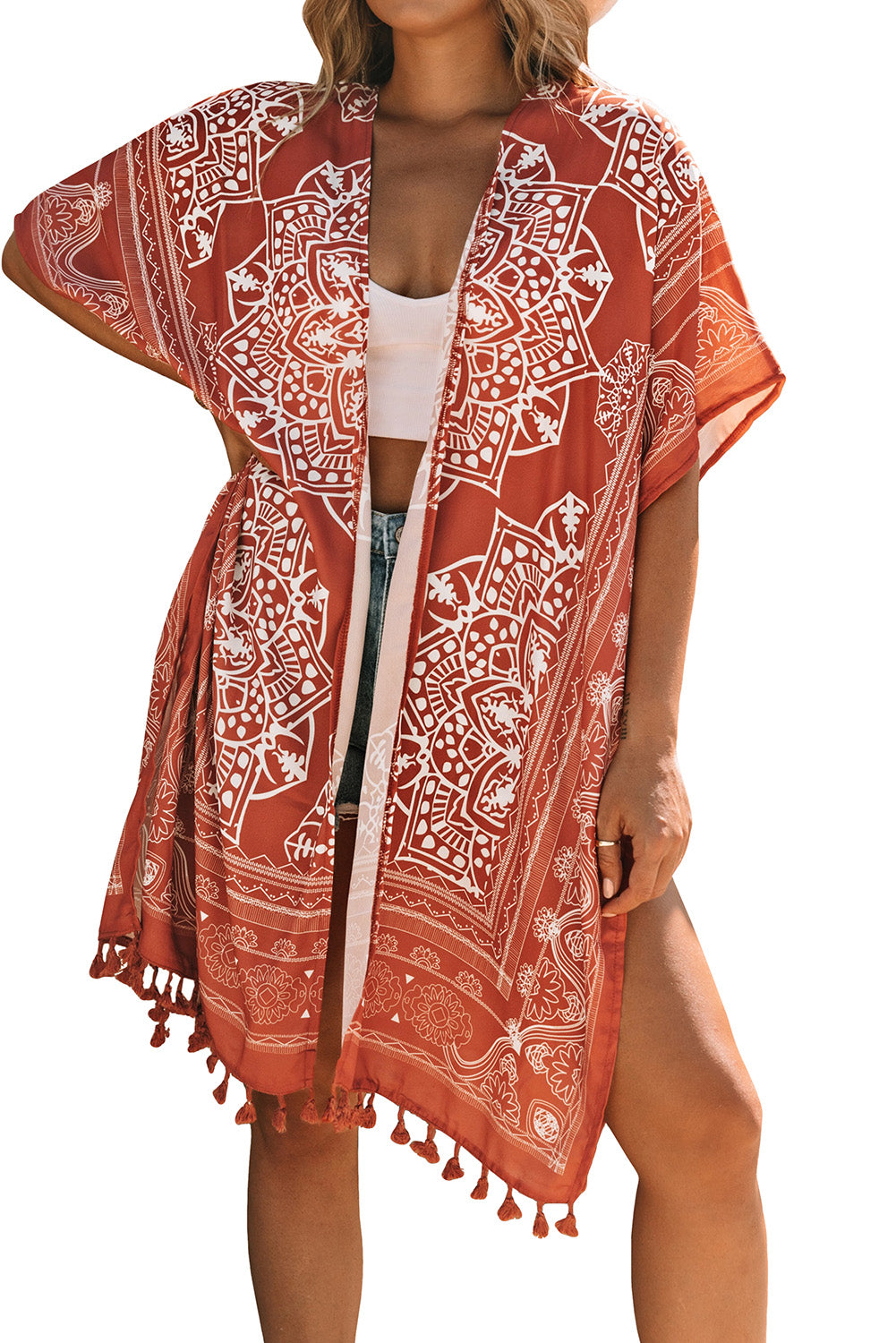 Tassel Bohemian Print Kimono Cover Up