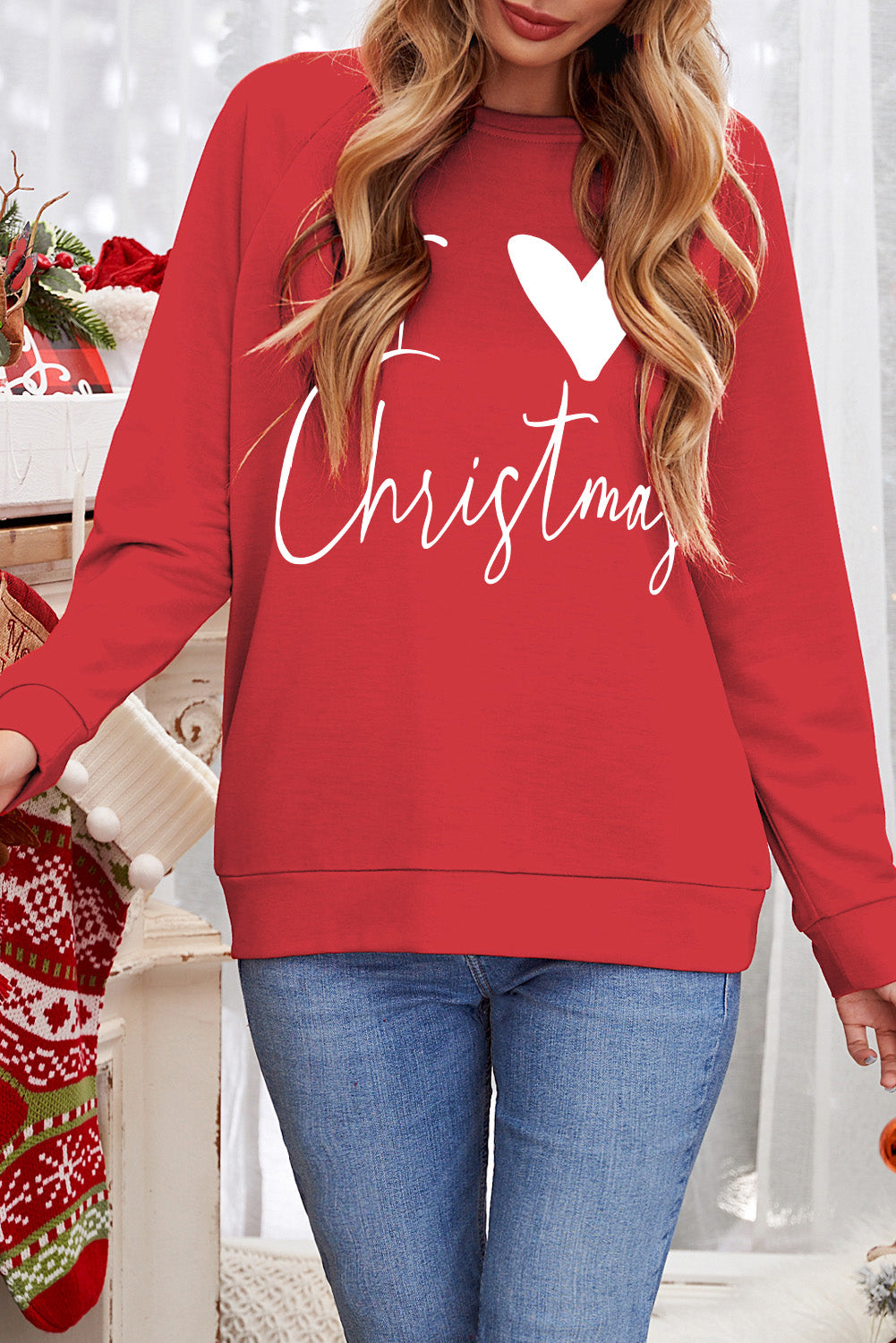 I Love Christmas Casual Raglan Sleeve Red Graphic Sweatshirt