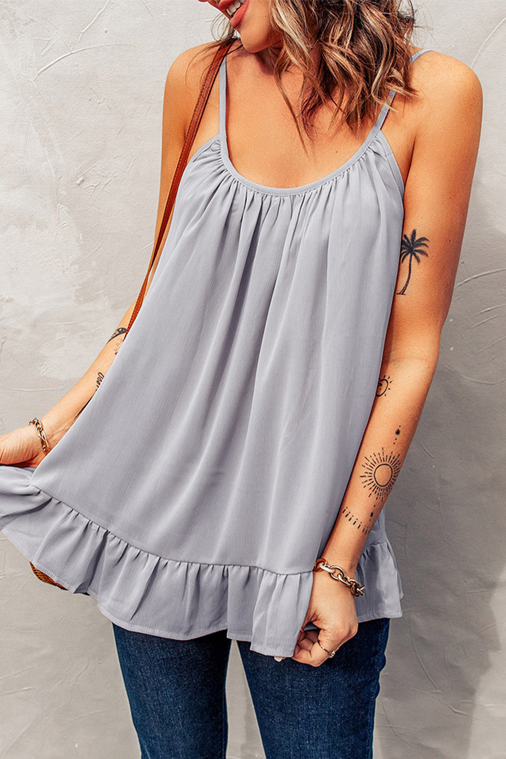 Spaghetti Straps Pleated Ruffled Tank Top