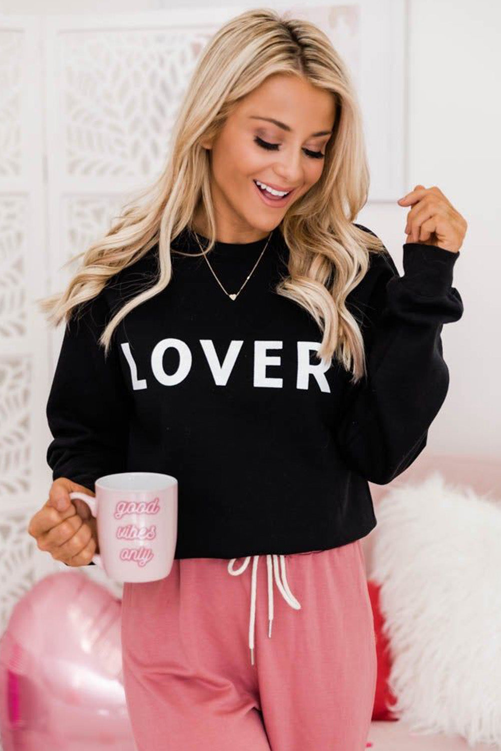 Heart Letters Print Casual Graphic Pullover Sweatshirt