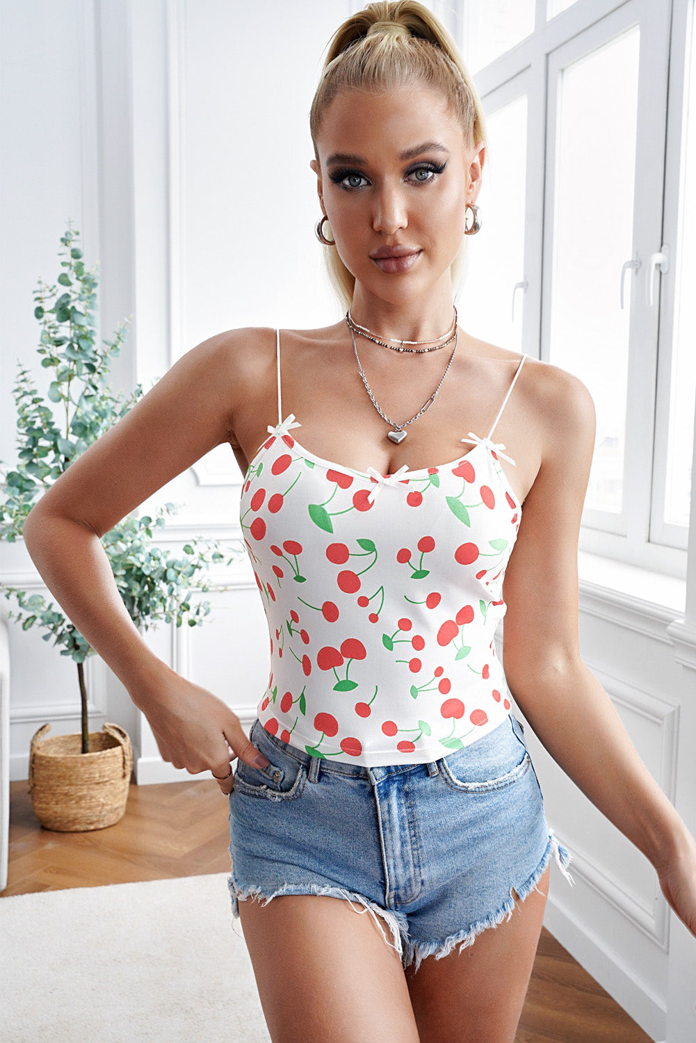 Cute Cherry Print Cropped Spaghetti Strap Camisole Top