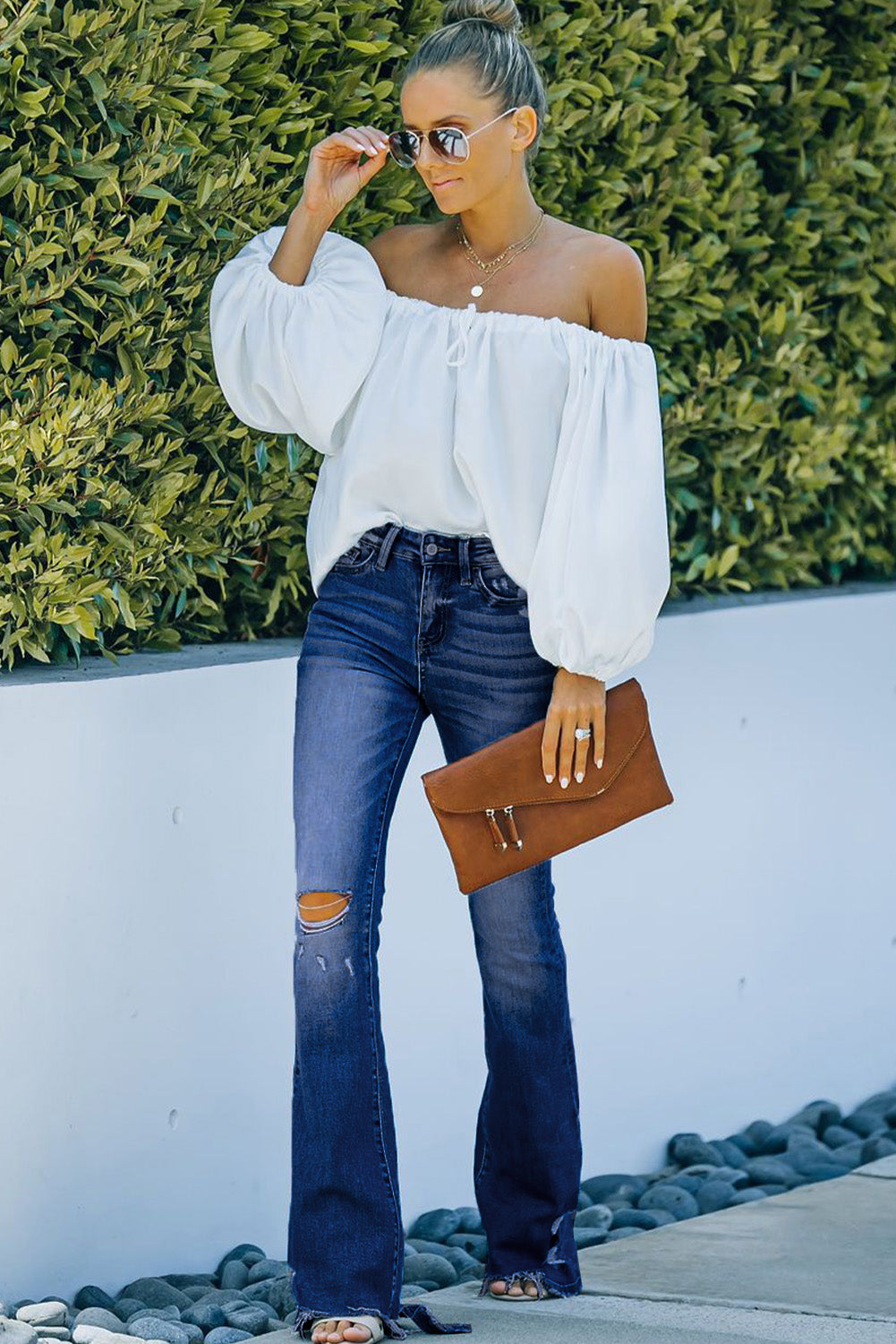 Light Blue Distressed High Rise Flare Jeans