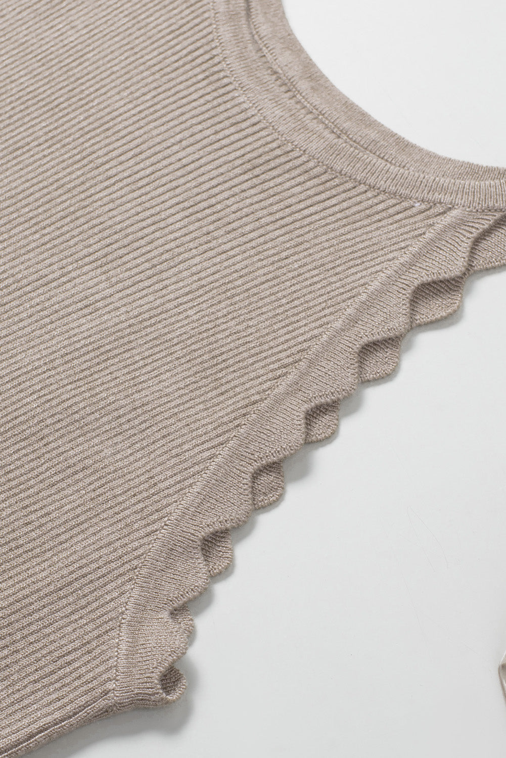 Khaki Casual Scalloped Edge Rib Knit Sleeveless Tank Top