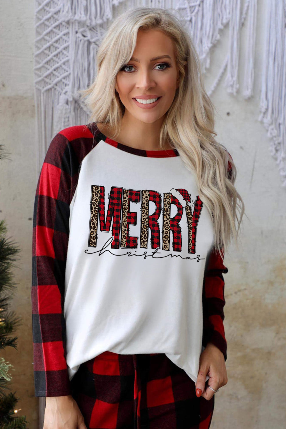 Christmas Plaid Raglan Sleeve Top & Drawstring Pants Pajamas Set