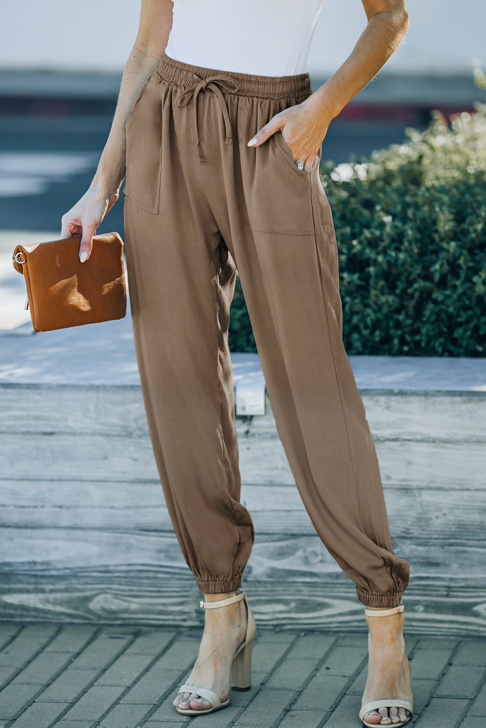 Drawstring Elastic Waist Pull-on Pants With Pockets