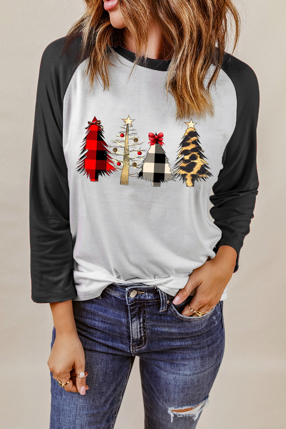 and White Color Block Long Sleeve Christmas T Shirt