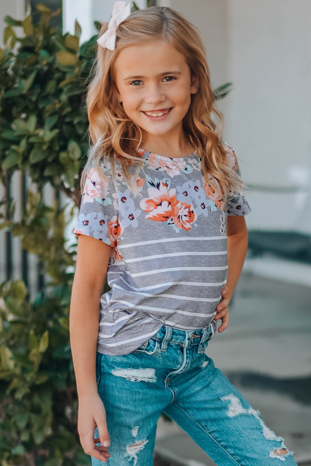 Casual Floral Striped Print Round Neck Tee For Kids